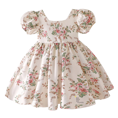 Summer 100% Cotton Floral Baby Girl Dress Cotton Puff Sleeve Children